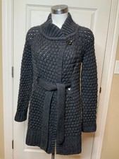 Vince Dark Charcoal Gray Wool Chunky Knit Belted Cardigan Coat, Size S picture