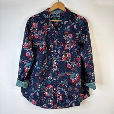 Talbots Button Up Shirt Women 1X Navy Blue Floral Paisley Cotton Contrast Cuffs picture