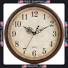 Vintage Brown Wall Clock 12 Inch Quartz Silent Non Ticking Round Decor picture
