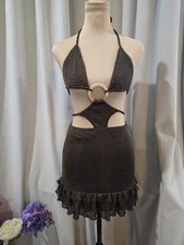 Windsor Olive Halter Cutout Ring Ruffle Backless Stretch Mini Dress S picture