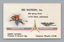 Vintage Sid Haydon Inc Chrysler Plymouth Little Rock AR Dealership Business Card picture