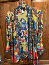 John Mark L Tropical Parrot Floral Open Front Kimono Topper 3/4 Sleeve picture