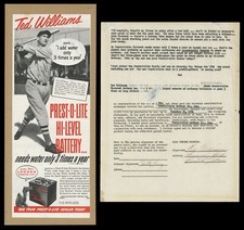 1951 Autograph Ted Williams Signed Prest-O-Lite Battery Contract Advertising JSA picture