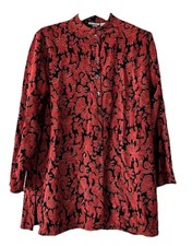 Vtg Chico's Design Brocade Long Shirt Jacket Sz 1 Red Black Mandarin Collar 90s picture