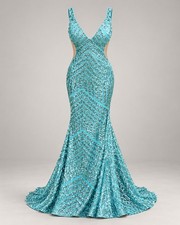 Jovani Aqua Sequin Mermaid Prom Dress Size 0 Open Back V Neck Pageant Gown picture