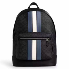 Coach Men's Black Signature Logo Backpack Zip, Stripe, Pockets, Adjust Strap picture