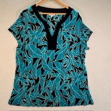 Chicos Leaf Print V-Neck Top Teal Black Short Sleeve Plus Size 4 XXL Business picture