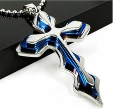 New Unisex's Men's Women Silver Blue Stainless Steel Cross Pendant Necklace Gift picture