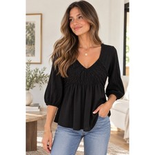 Deletta Anthropologie Black Smocked V-Neck Babydoll Blouse 3/4 Sleeve Medium picture
