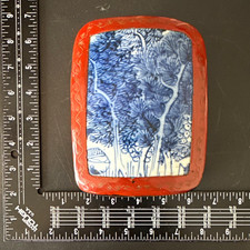 Vintage Chinese Lacquer Shard Box Blue & White Porcelain Trinket Box 4.25”x 5.5” picture
