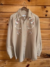 VTG  50/60’s H Bar C California Ranchwear Tan Rayon Chain Stitch Western Shirt L picture
