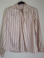 Vintage 70s Lady Manhattan Striped Pussybow Neck Tie Blouse Cream Brown Blue 12 picture