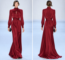 Badgley Mischka Pomegranate Long Sleeve Maxi Gown High Neck Belted sz 4 NWT picture
