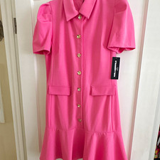 NWT Karl Lagerfeld Pink Collared Short Sleeve Button Dress Size 12 Adorable on picture