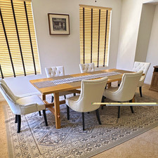 7-Piece Rectangular Light Wood Dining Table Set w/ 6 Upholstered Chairs, Solid picture