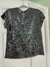 VTG 80s Liz Claiborne Petites Silk Sequin Top Black, Old money, Holiday Top Sz 8 picture