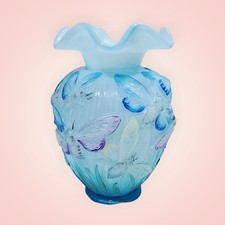 Vtg Fenton Blue Topaz 3D Raised Dragonfly Art Glass Vase Hand Painted Signed EUC picture