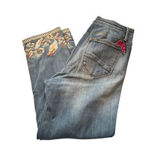 Driftwood Colette Jeans Womens 32 Blue Embroidered Velvet Patch Straight Leg picture