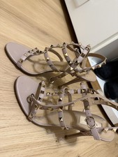 Valentino Garavani Rockstud Sandals Nude Poudre Gold Studs Heels EU 38 US 8 picture