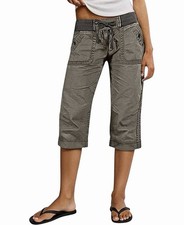 Flamingals Straight Leg High Waist Capri Pants Drawstring Button Decor Green M picture