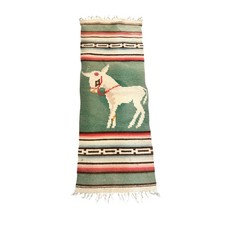 Vintage Mexican Zapotec Wool Rug Handwoven Donkey Burro Folk Art 43x16 Green picture