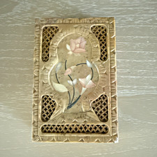 Vintage Hand Carved Stone Trinket Box Pink Floral Inlay Pierced Lid Jewelry Box picture
