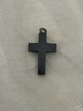 Antique Victorian Era Whitby Jet Mourning Cross Pendant Black 1870s 1880s picture