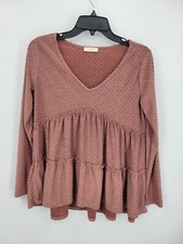 Oddy Anthropologie Top Womens Small Pink Dot Tiered Ruffled Flowy Boho Long Slv picture