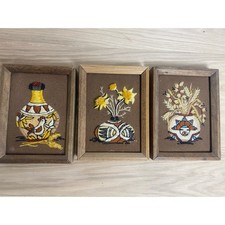 Vintage Sunset Designs Needlepoint Framed Art Set 3 Southwestern Pottery 1972 picture