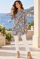 NWT Chico’s No-Iron Chic Stretch Seafaring Print Tunic Shirt Women Sz 2 (12/14) picture