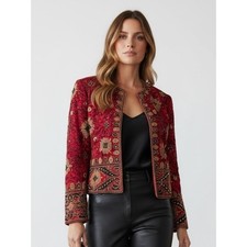 Vintage Beaded 1994 Papell Boutique Evening 100% Silk Embroidered Red/Gold M picture