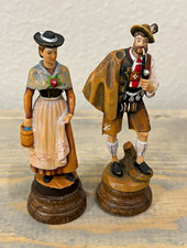 Vintage Bavarian German Wood Figurines Man Woman Pair 4” Hand Painted Folk Art picture