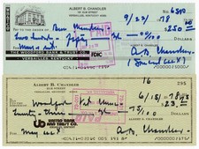 Lot of 2 Albert AB Happy Chandler Signed Autographed Baseball Personal Check PSA picture