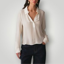 J.Crew Womens Ivory Viscose Blouse L Long Sleeve Split Neck Pullover Top New picture