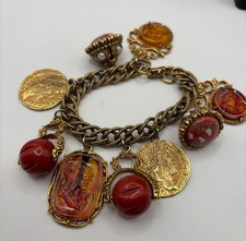 Vintage Roman Revival Chunky Charm Bracelet Faux Coin Intaglio Glass 7.25