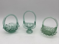 Vintage Fenton Green Art Glass Miniature Basket Lot of 3 Ruffled 365nm Glow picture