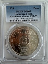1974 Dominican Republic Peso MS69 Top Pop Caribbean Games Silver Coin picture