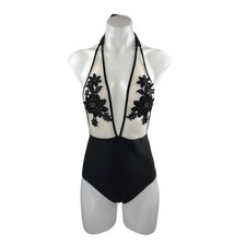 NEW Zaful Black Lace Splicing Halter High Waist One-Piece Swimwear Swimsuit Sz M picture