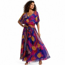 Vtg Judith Ann Creations Maxi Dress Silk Floral Belted Beaded Boho Womens L picture
