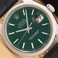 ROLEX DATEJUST 1601 GREEN DIAL 18K WHITE GOLD STEEL BLACK LEATHER BAND WATCH picture