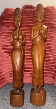 Vtg Hand Carved Teak Wood Sawasdee Women Greeter Statues 20