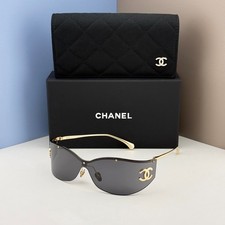 CHANEL CHA71787 Shield Sunglasses Gold Frame Black Lens CC Logo Women picture