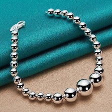 925 Sterling Silver Smooth Bead Ball Chain Bracelet 7.5'' long lobster closure picture