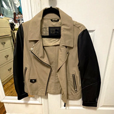 Marckage Women’s Beige/Black Moto Jacket Size S Zip Closure Zipper Pockets picture