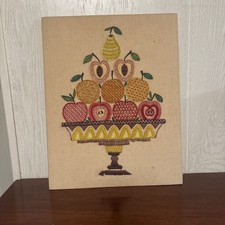 Vintage Crewel Embroidered Wall Art With Fruit Stack On Platter picture