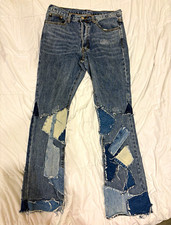 mnml Men’s Blue Medium Wash Denim Bootcut Jeans Distressed Patchwork Frayed picture