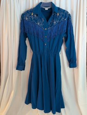 VINTAGE LILIA GUILTY  Blue WESTERN FRINGE DETAIL DRESS  SIZE 13/14 picture