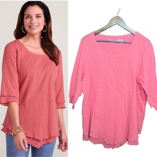 Soft Surroundings Coral Siesta Keys Tunic Pink Crinkle Gauze 3/4 Sleeve Top L picture