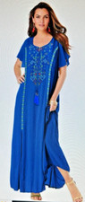 NWT Roamans Maxi Lined Dress Plus  2X 22 24 Blue Crinkle Embroider Boho Maxi 55