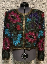 VINTAG 80s NIGHT VOGUE SILK CROP JACKET W/ ALL OVER BEADED FLOWERS STUNNING SZ S picture